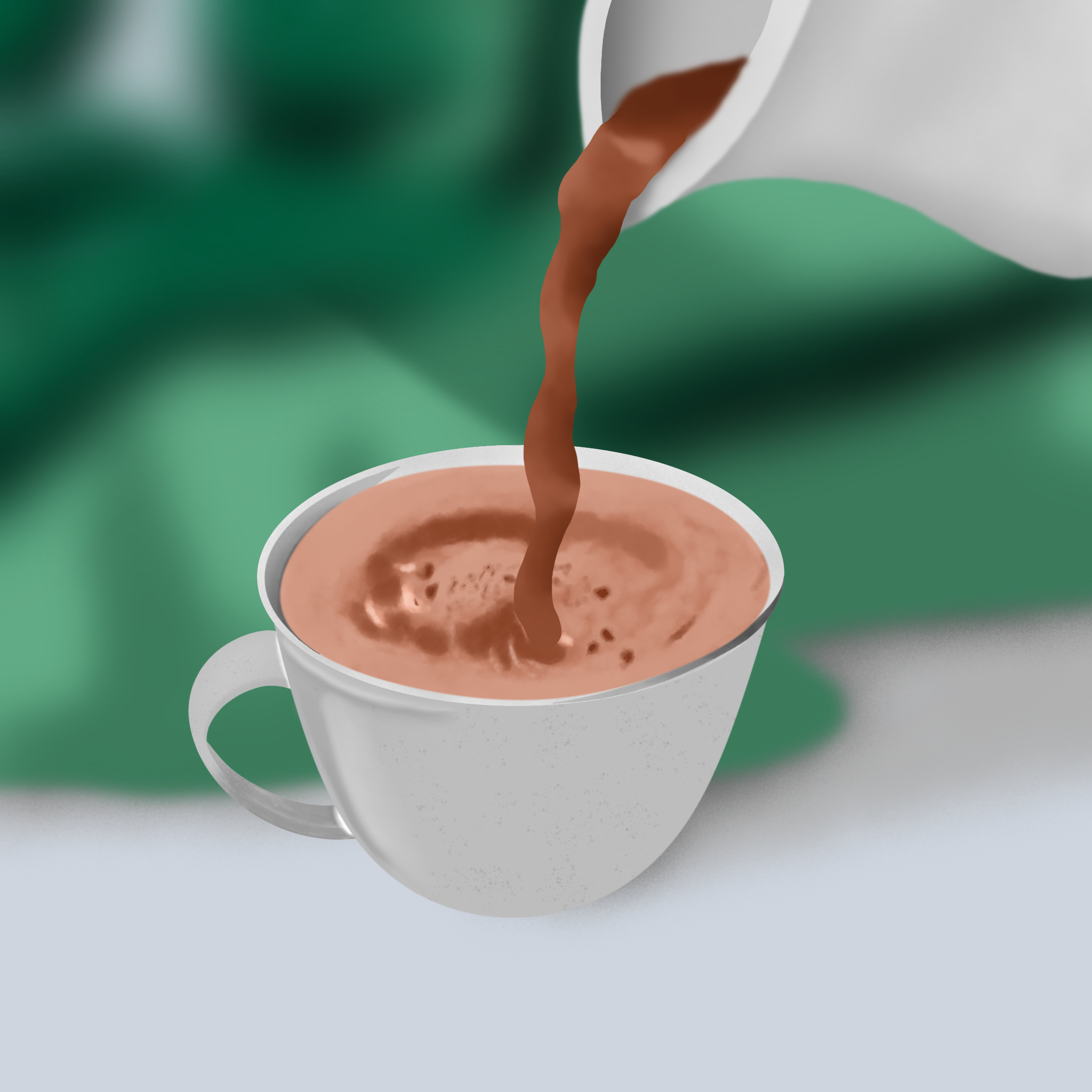 Hot chocolate being poured in a cup from a jug with blurred background