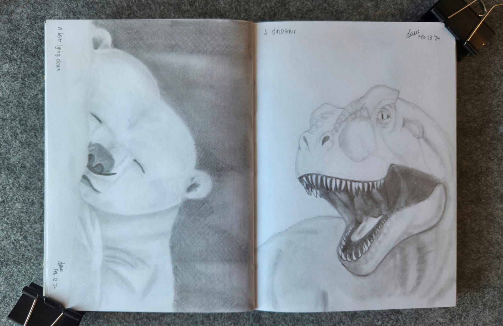A sleeping polar bear on the left page and a dinosaur on the right page